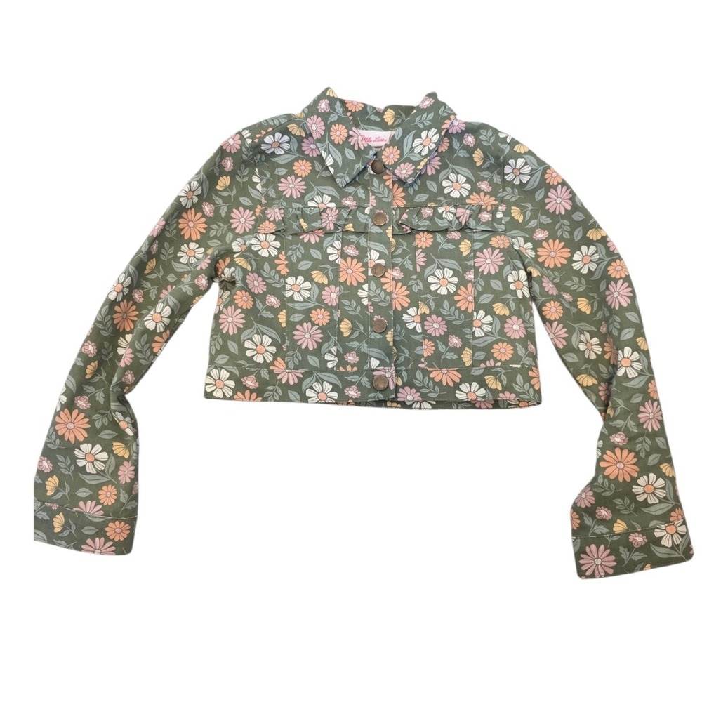 Little‎ Lass Girls Green Floral Cropped Denim Jacket Retro Daisy Size 6X